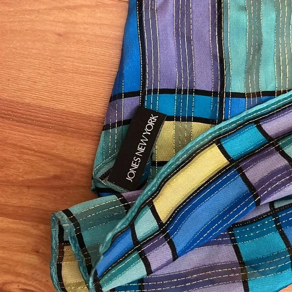 Jones New York Silk Scarf with Blue Yellow Gold Sparkle Thread - Picture 3 of 4